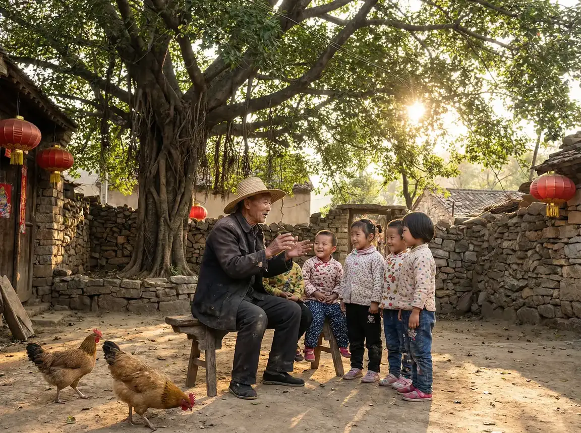 老人在大榕树下给孩子们讲故事 - 怀孕扶着肚子做h 乡村记忆